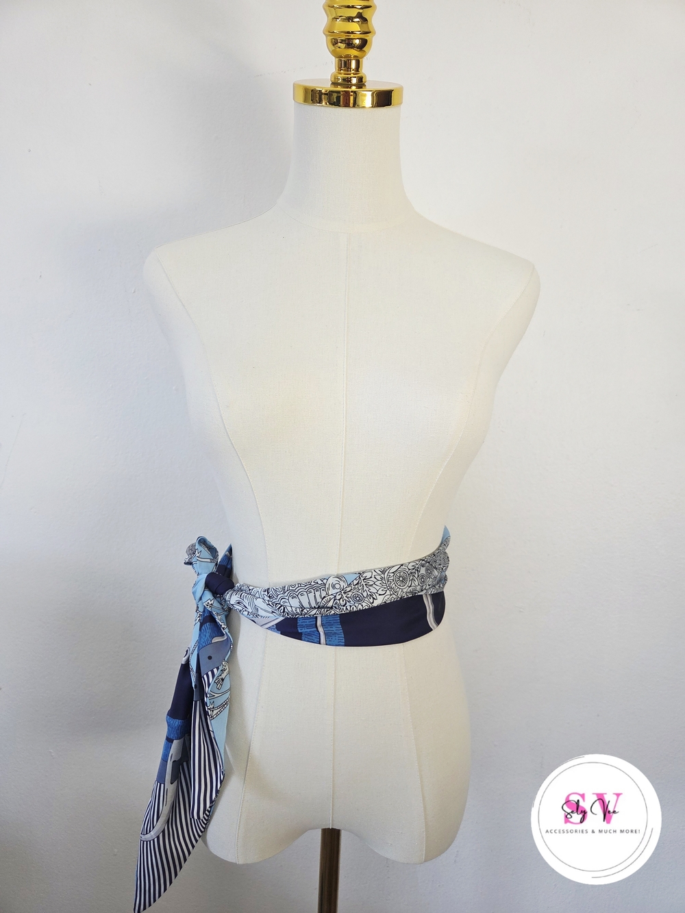 Blue and white abstract patterned silky scarf belt with tie detail